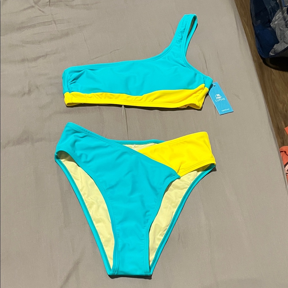 Cupshe One Shoulder Turquoise & Yellow Bikini Set